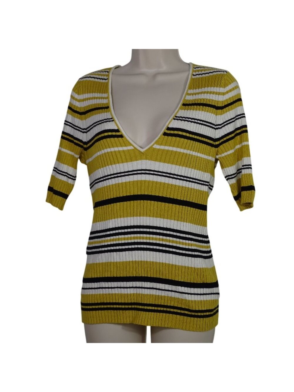Express Striped Plunge V-Neck Ribbed Knit Top Women Size L Yellow Gold Short Slv